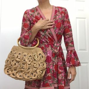 Vintage Crochet Knit Bamboo Wicker Purse
